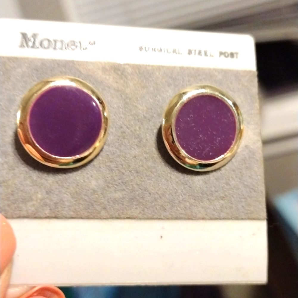 Money purple dime sized earrings with surgical steel posts. NWT
